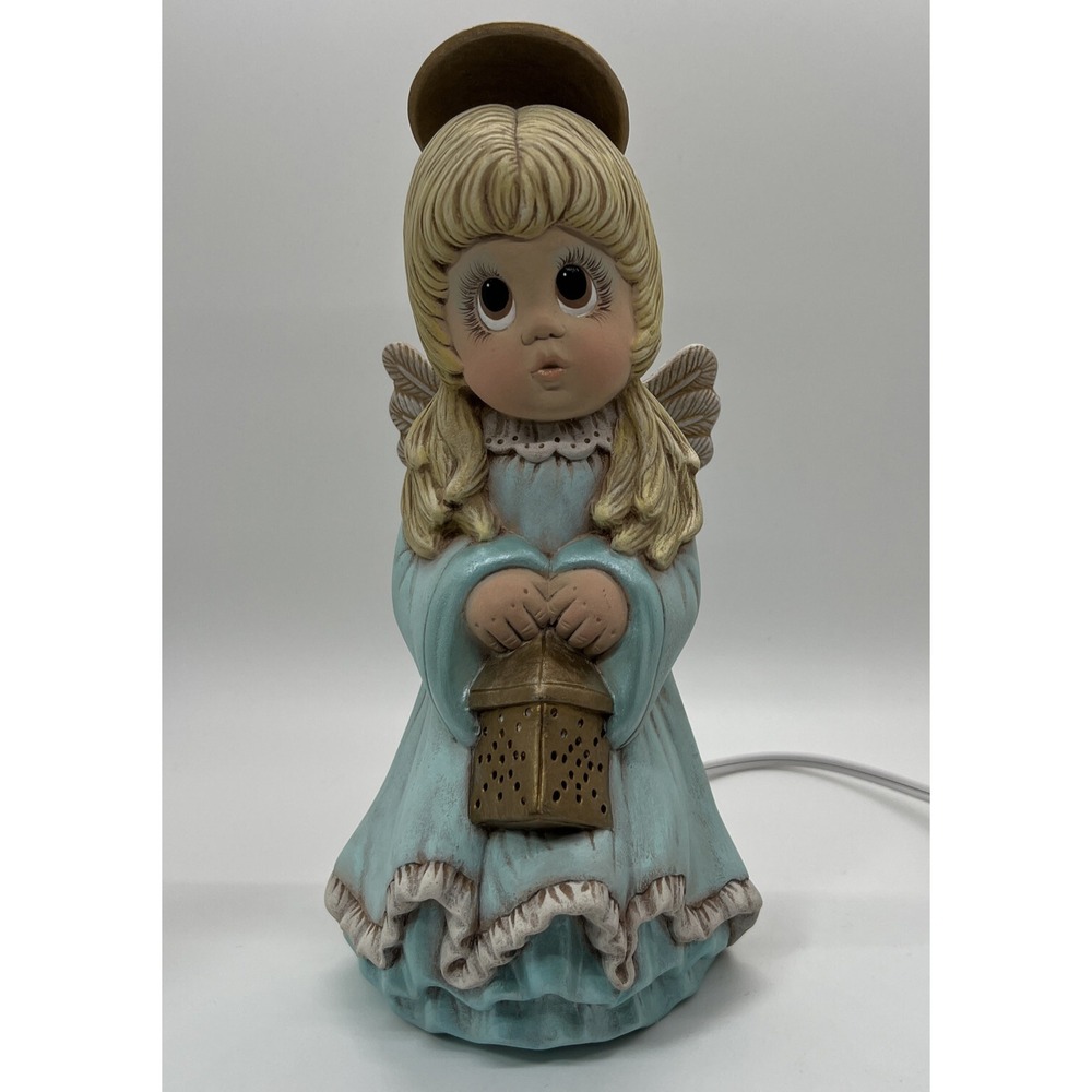 Vintage Angel Night Light Lamp Big Eyes Ceramic Figurine Blue Dress Halo Lantern